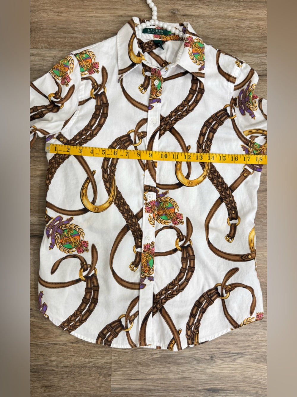 Lauren Ralph Lauren Equestrian Horsebit Belt Print Cotton Shirt M Old Money - Picture 8 of 8